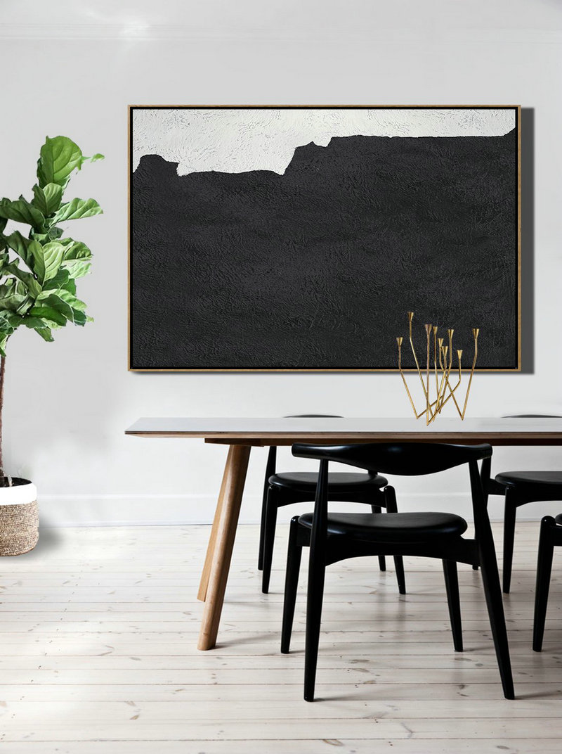 Large Canvas Wall Art For Sale,Hand Painted Oversized Horizontal Minimal Art On Canvas, Black And White Minimalist Painting - Canvas Artwork For Sale